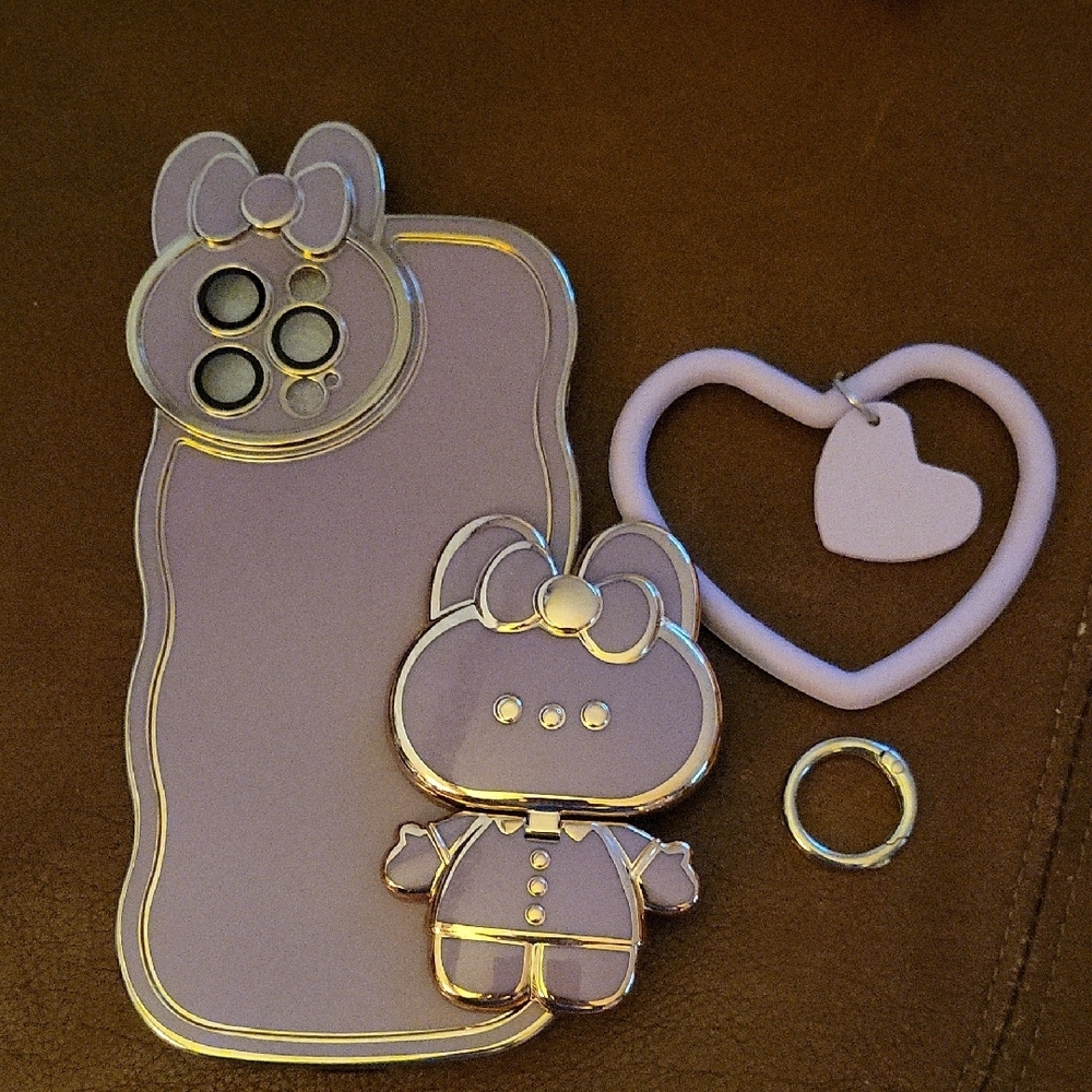 iPhone 12 Case with Cute Kitty Bunny Stand Heart & Mirror Lilac & GOLD